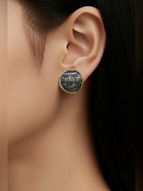 Vintage Large Gold Silver Black Metallic Tapestry Button Earrings 1”